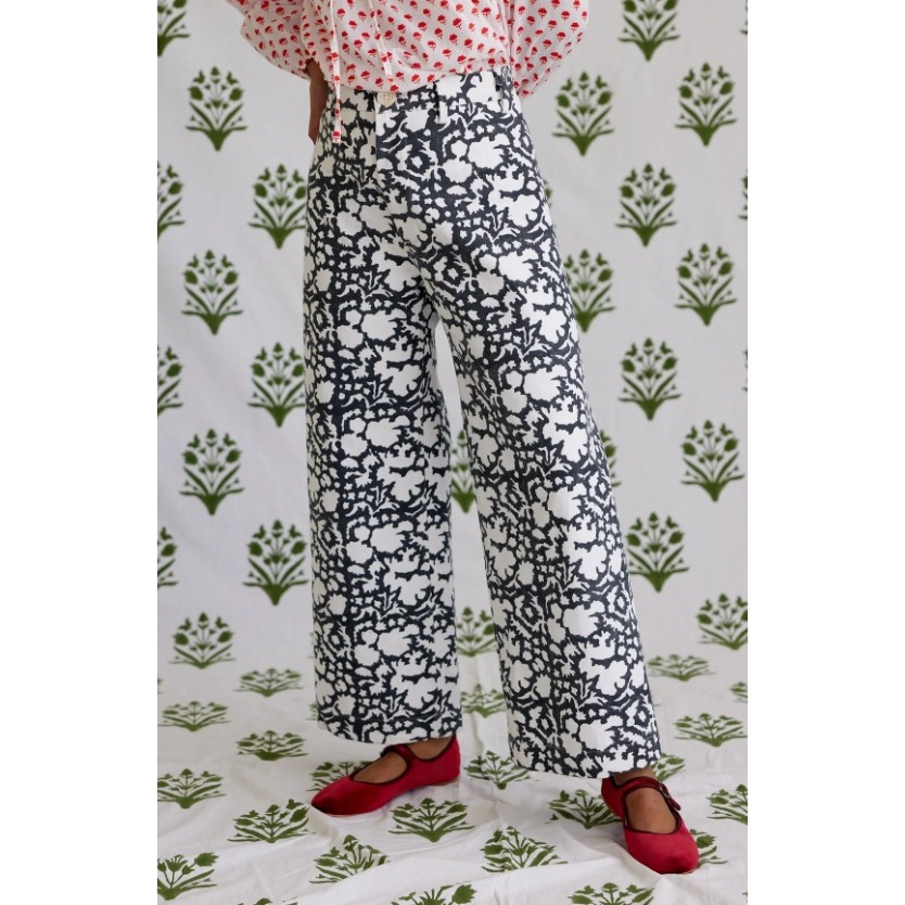 Sz Blockprints Midnight Nila Disco Pants Blue White Floral Wide Leg High Rise S